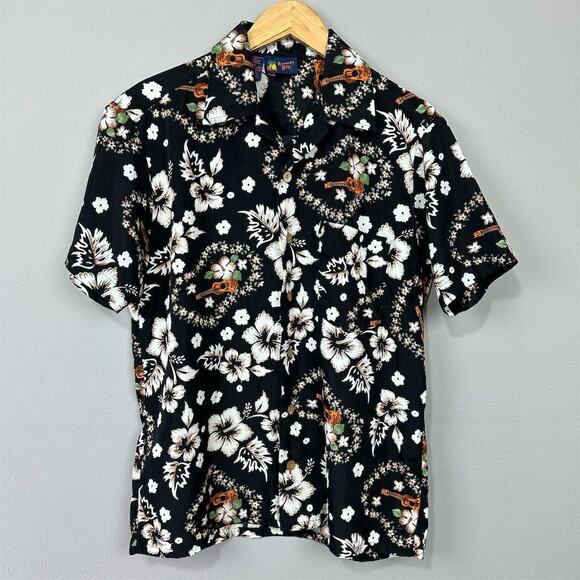 Roundy Bay Hawaiian Shirt Size M Black Floral Guitar Aloha Tropical Retro Island - Picture 1 of 7